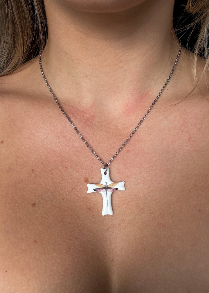 Dragonfly Cross Porcelain Necklace