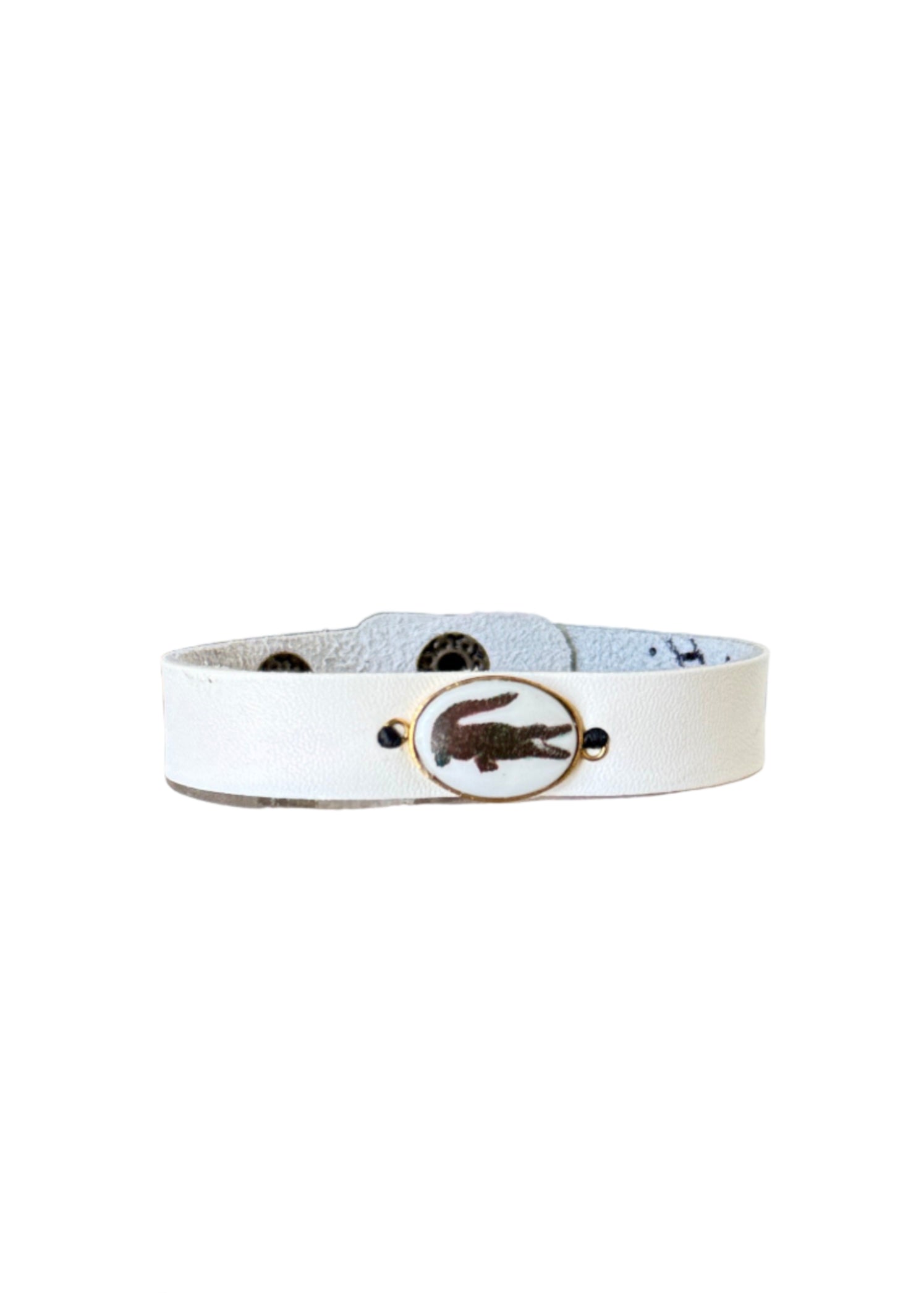 Gator on a Porcelain Pendant Bezel Leather Wrap Bracelet