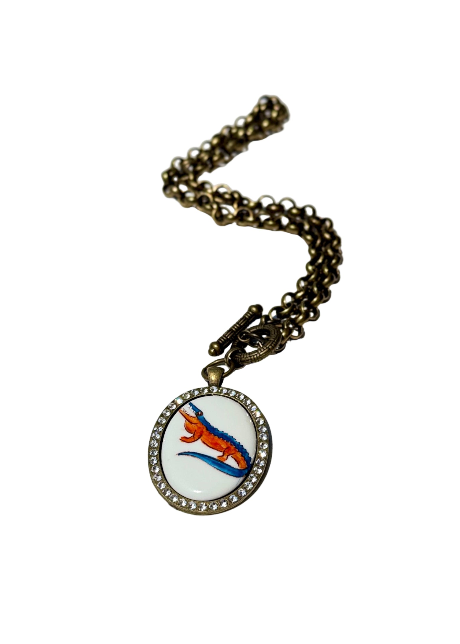 Gator Game Day Necklace – Orange & Blue Bezel Mascot Football Jewelry