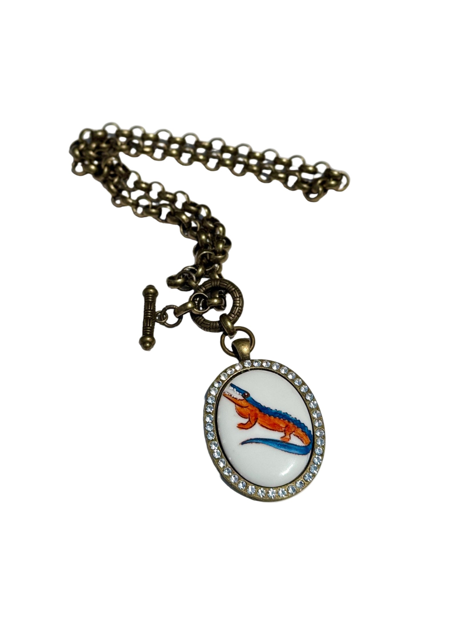 Gator Game Day Necklace – Orange & Blue Bezel Mascot Football Jewelry