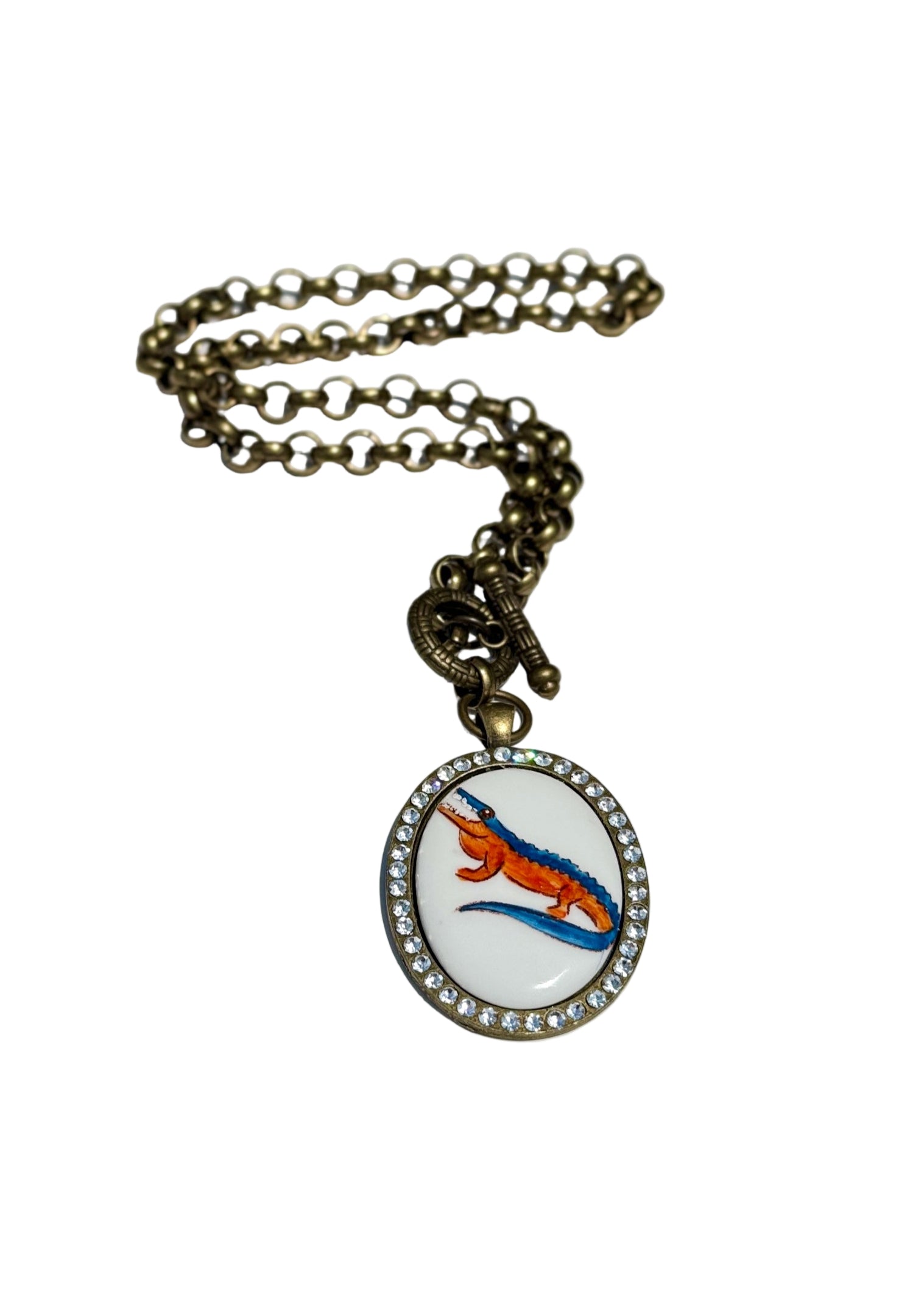 Gator Game Day Necklace – Orange & Blue Bezel Mascot Football Jewelry