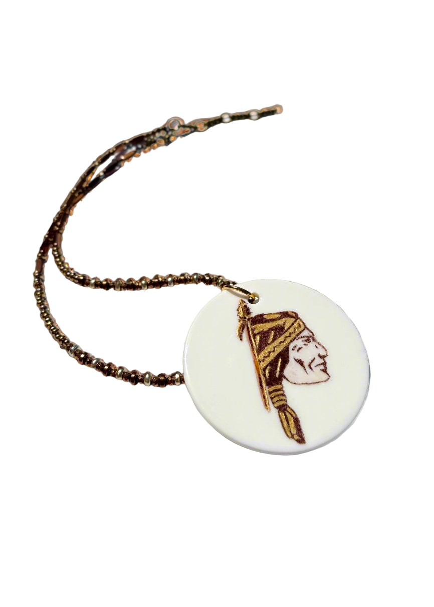 Indian Head Game Day Necklace – Garnet & Gold College Football Mascot Jewelry