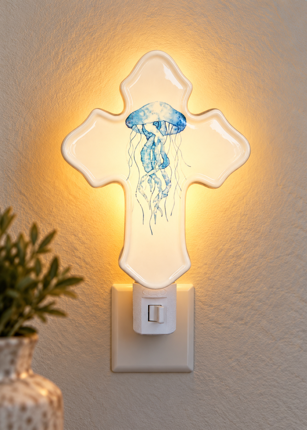 Hand-Painted Jellyfish Porcelain Cross Night Light