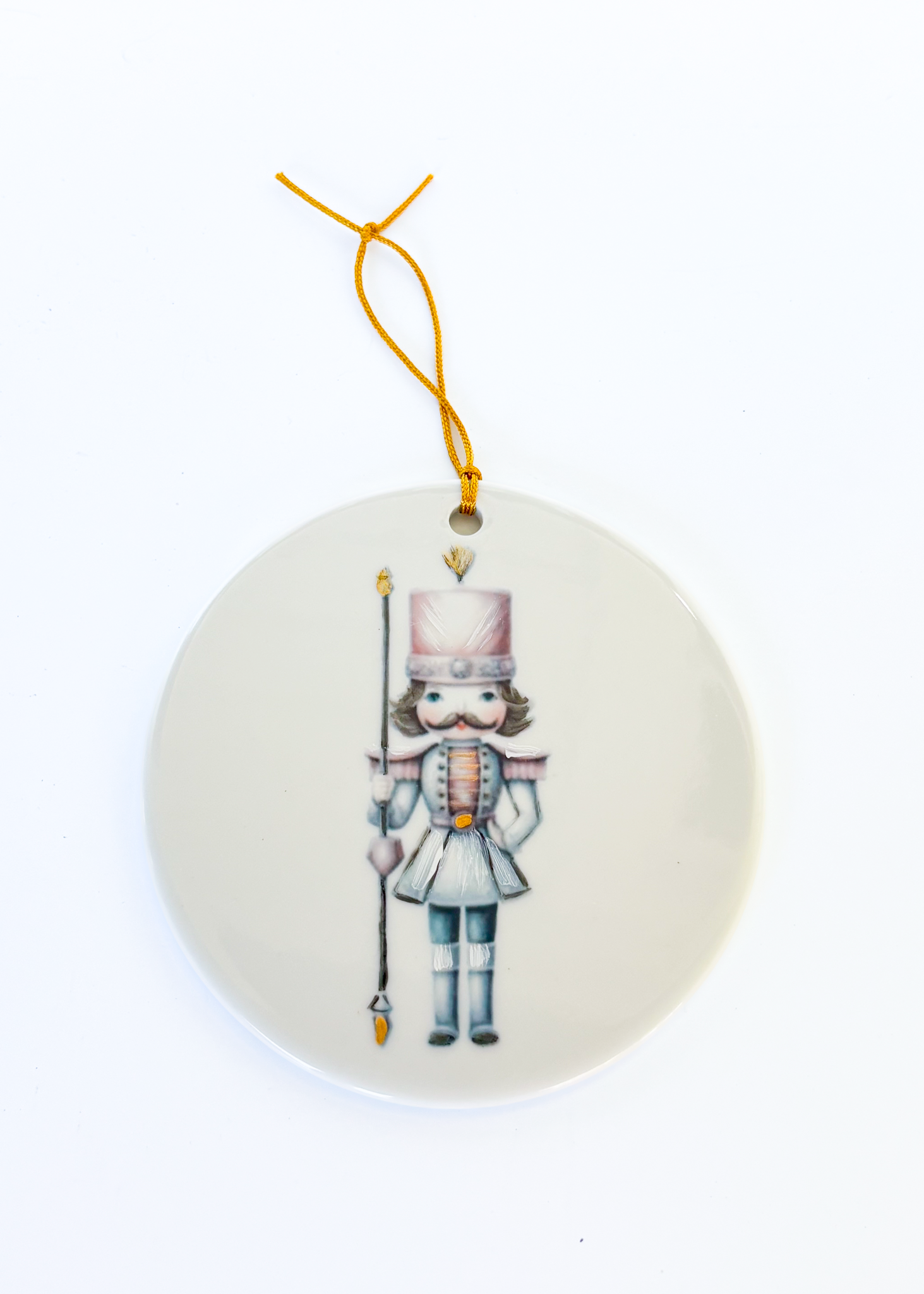 Large Round Flat Porcelain Nutcracker Ornament – Hand Painted Holiday Decor, 3.75"