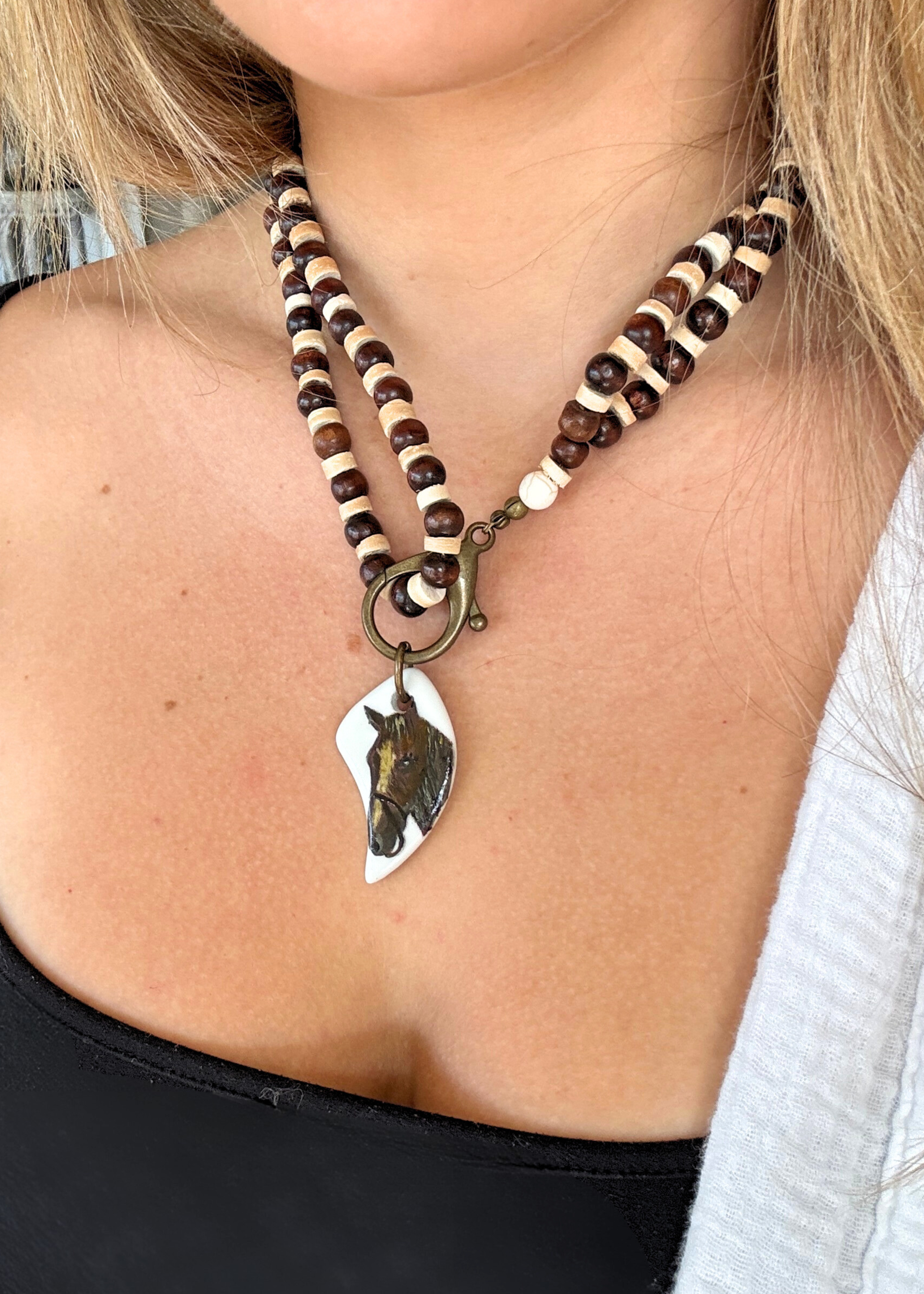 Horse Porcelain Pendant Beaded Necklace