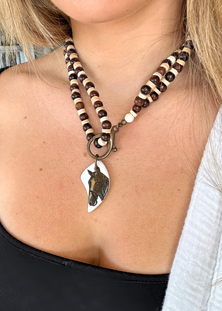 Horse Porcelain Pendant Beaded Necklace