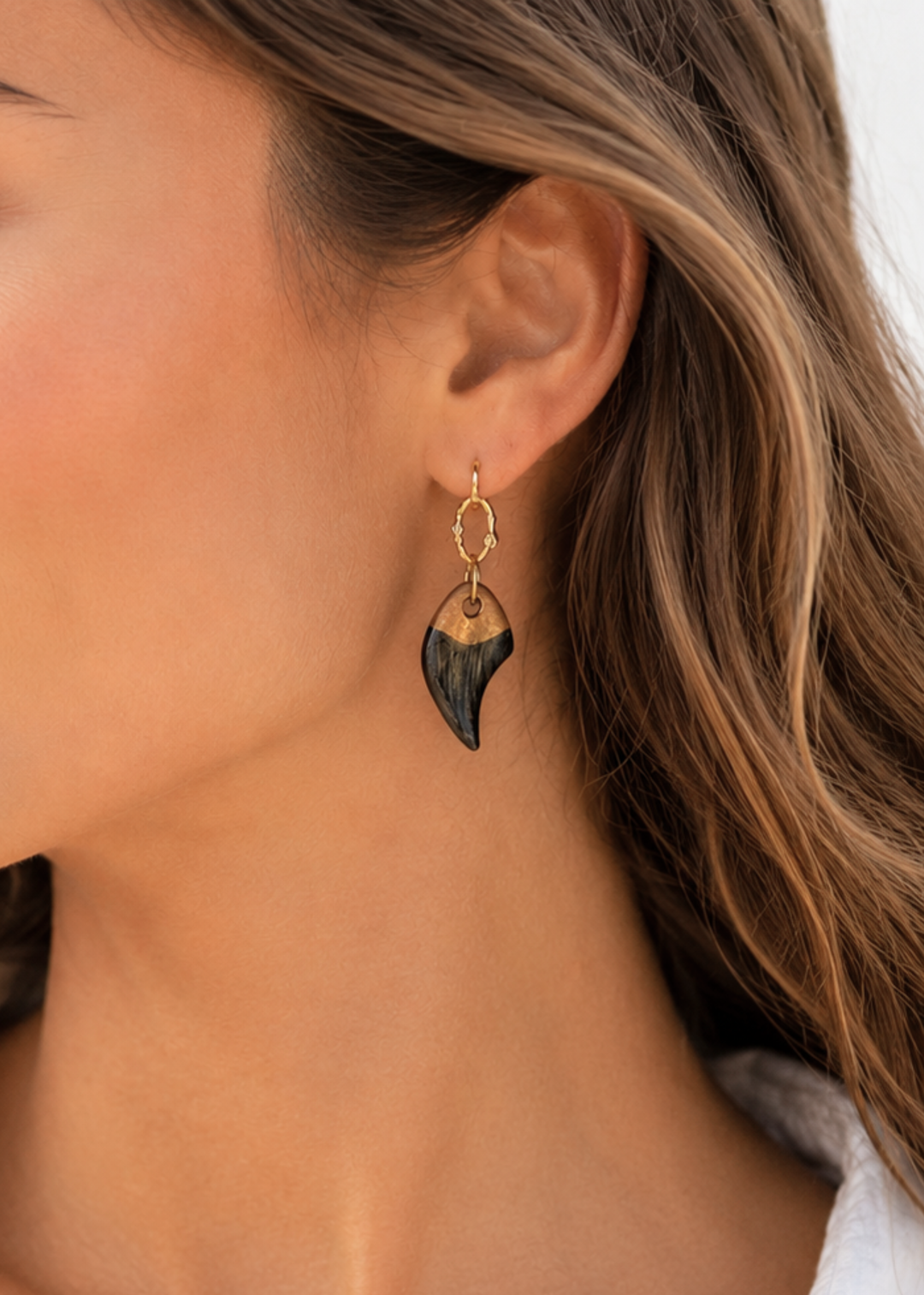 Coastal Shark Tooth Black and Gold Dangle Earrings