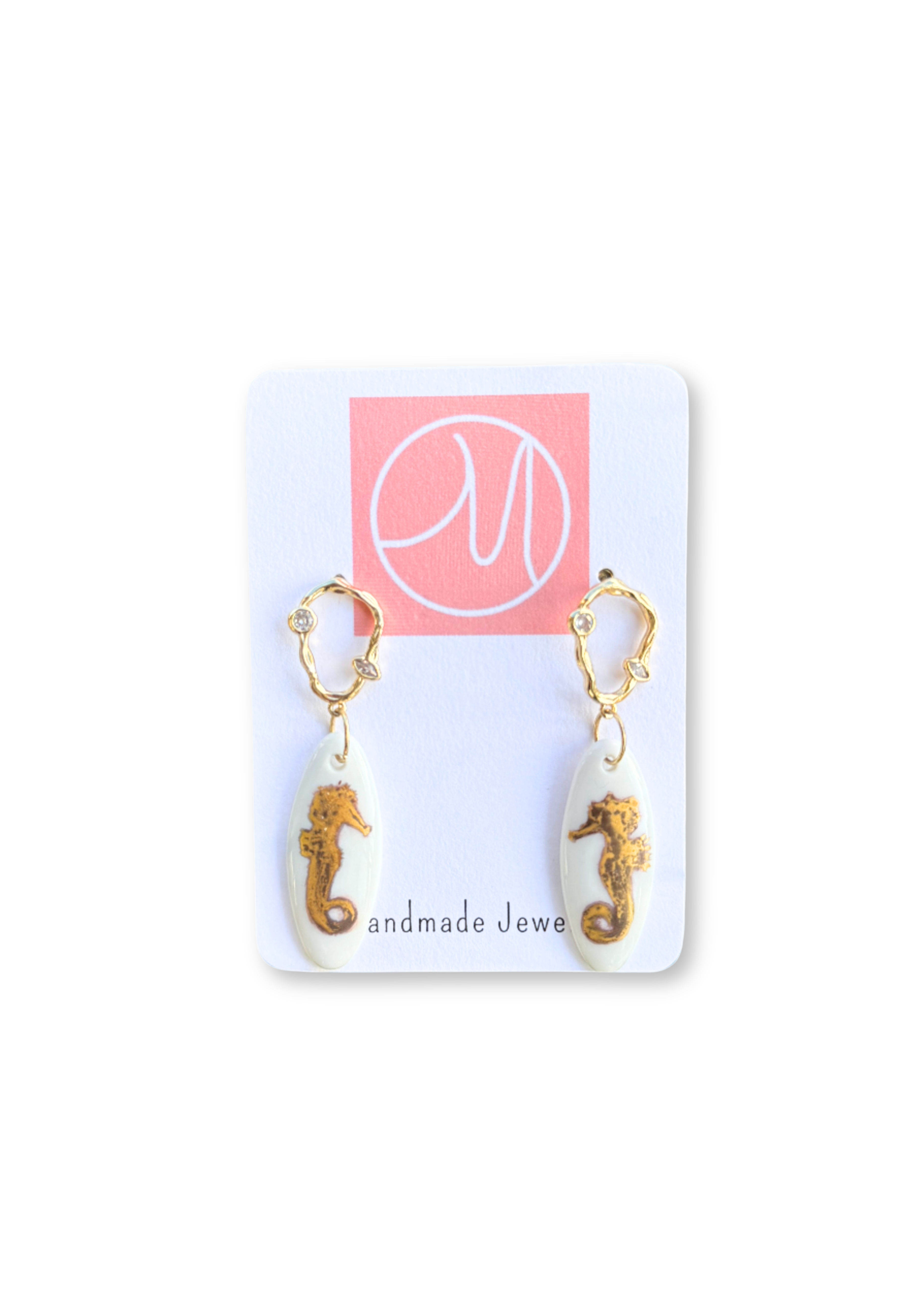 Gold Seahorse Porcelain Pendant Earrings with Diamond Accents