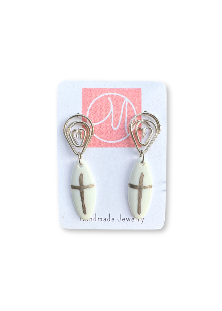 Platinum Cross Porcelain Pendant Wire Earrings