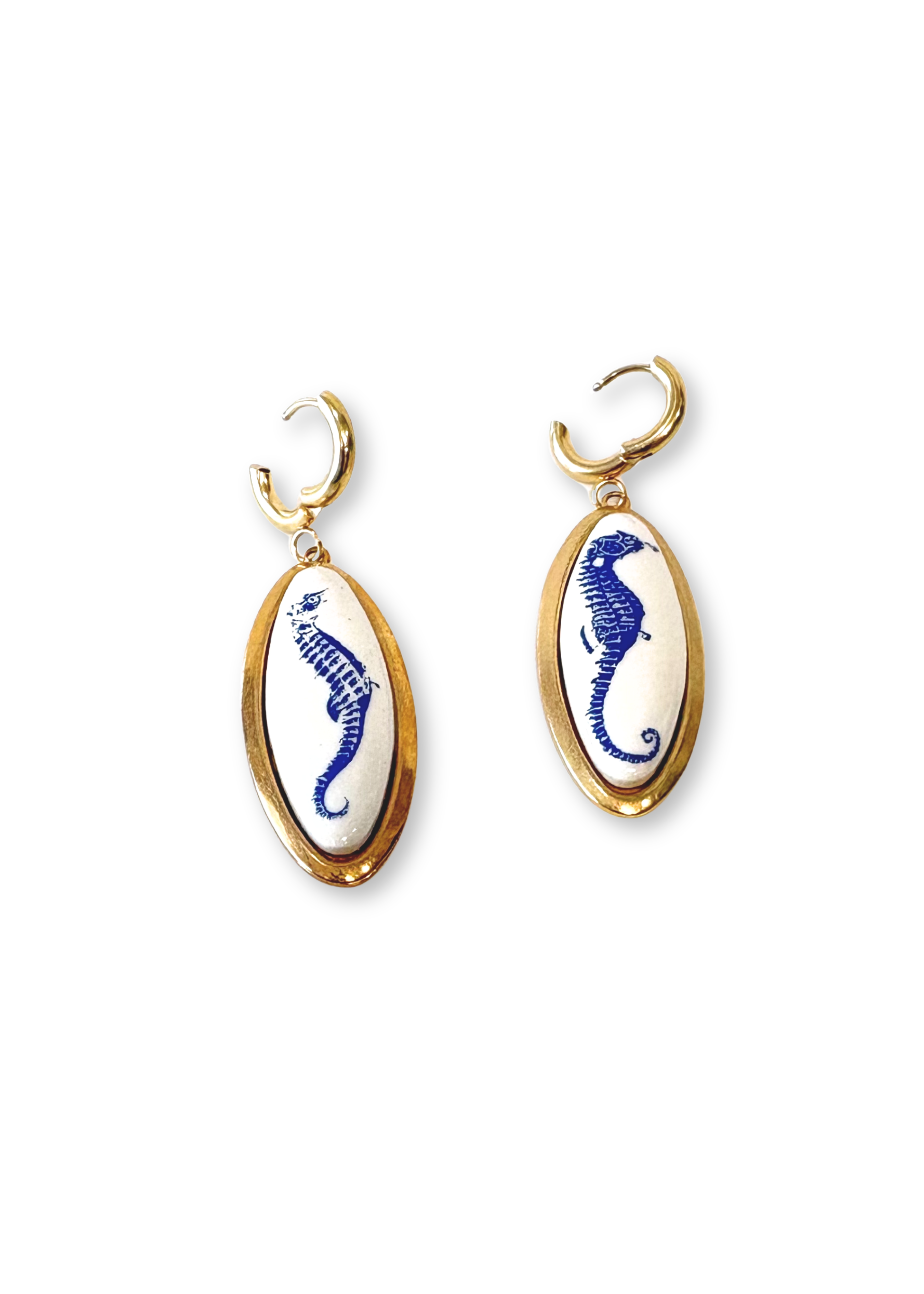 Blue Seahorse Gold Hoop Dangle Earrings