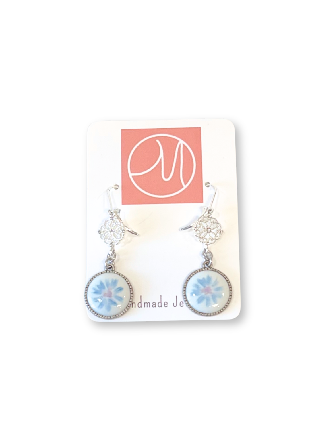 Blue Floral Porcelain Pendant Silver Earrings