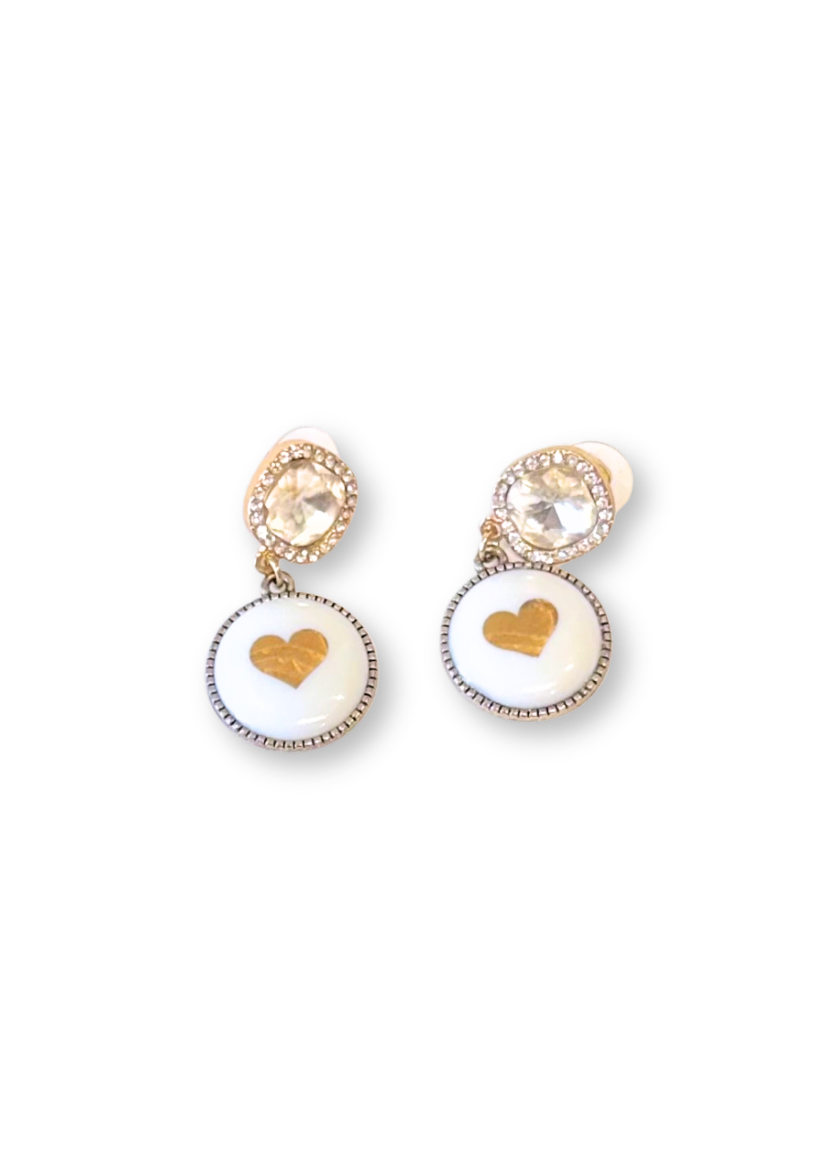Gold Heart Drop Earrings Faux Diamond Studs