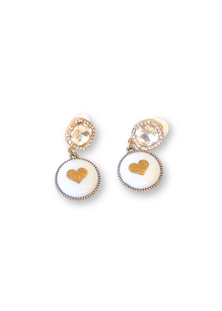 Gold Heart Drop Earrings Faux Diamond Studs