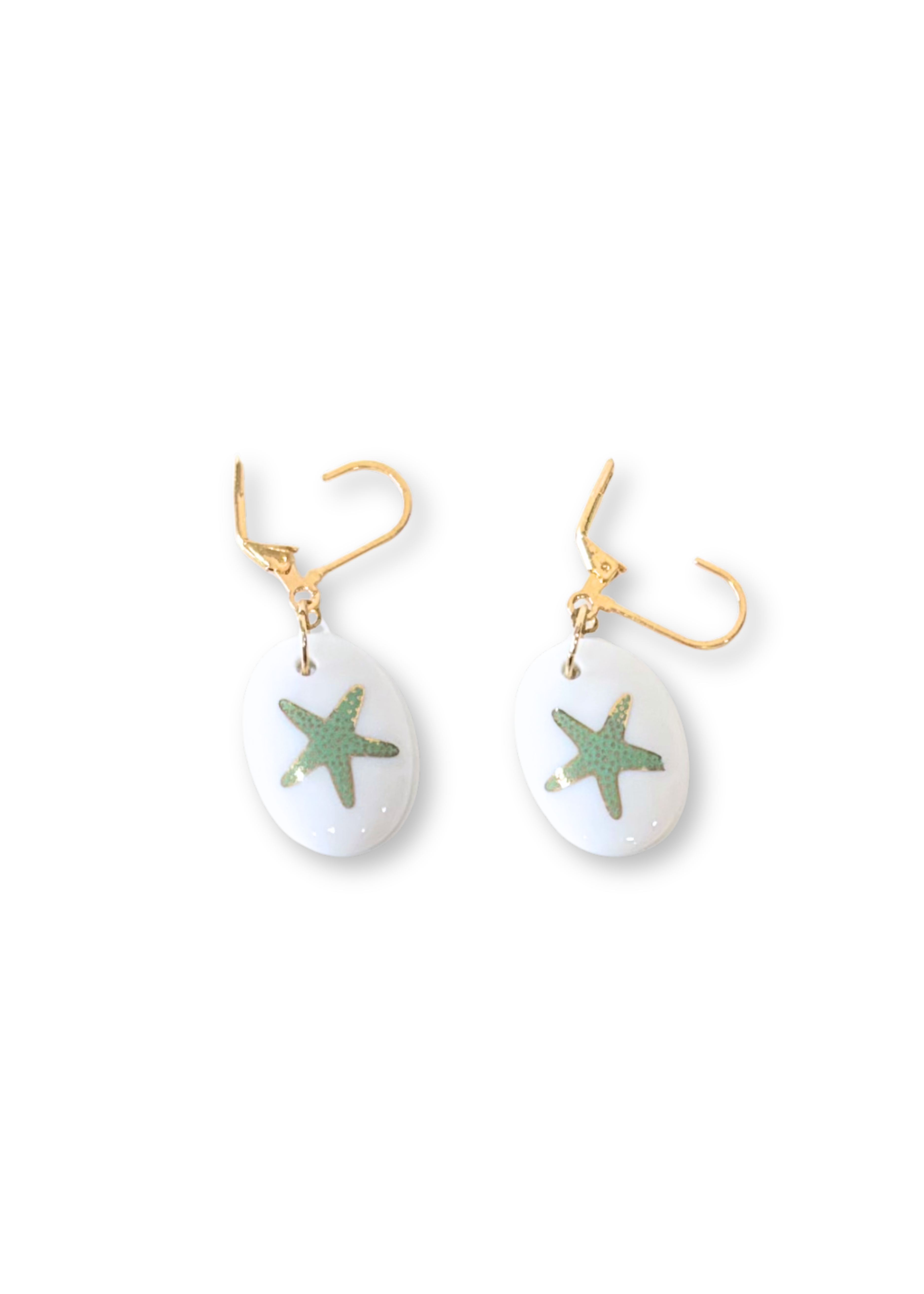 Green Starfish Porcelain Pendant Gold Earrings