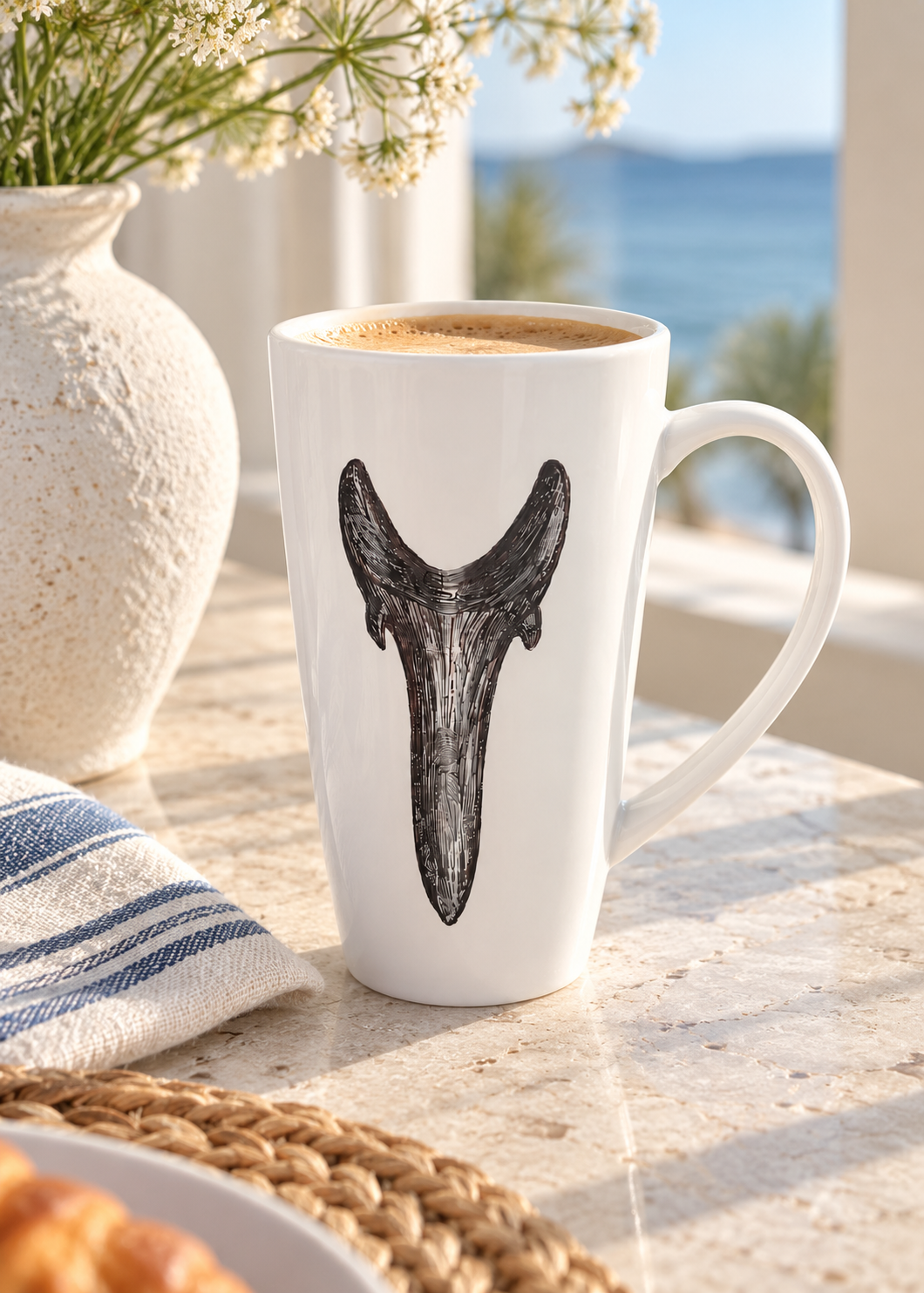 Hand-Painted Coastal Shark Tooth Porcelain Coffee Latte Mug