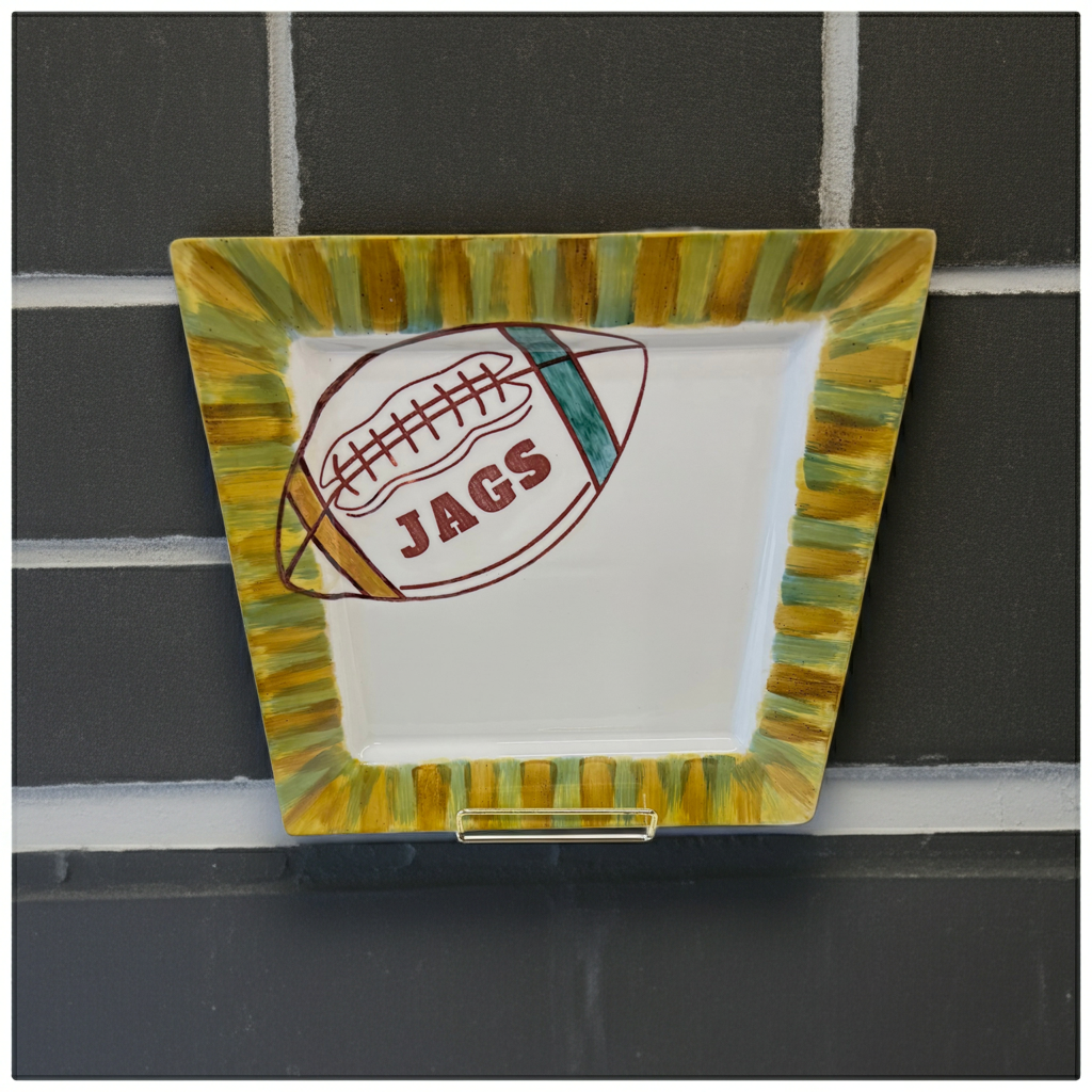 10-Inch Square White Plate – Hand-Painted Football JAGS Design