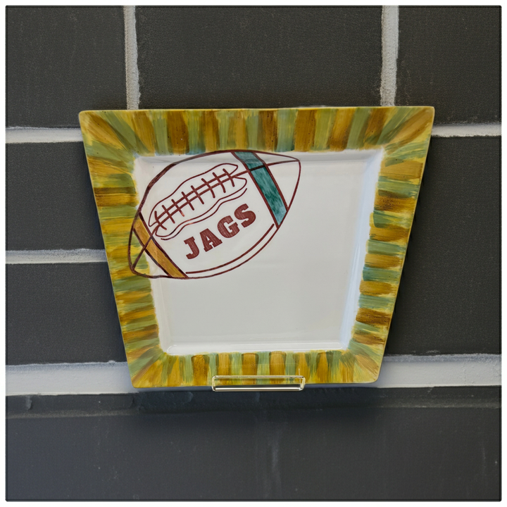 10-Inch Square White Plate – Hand-Painted Football JAGS Design