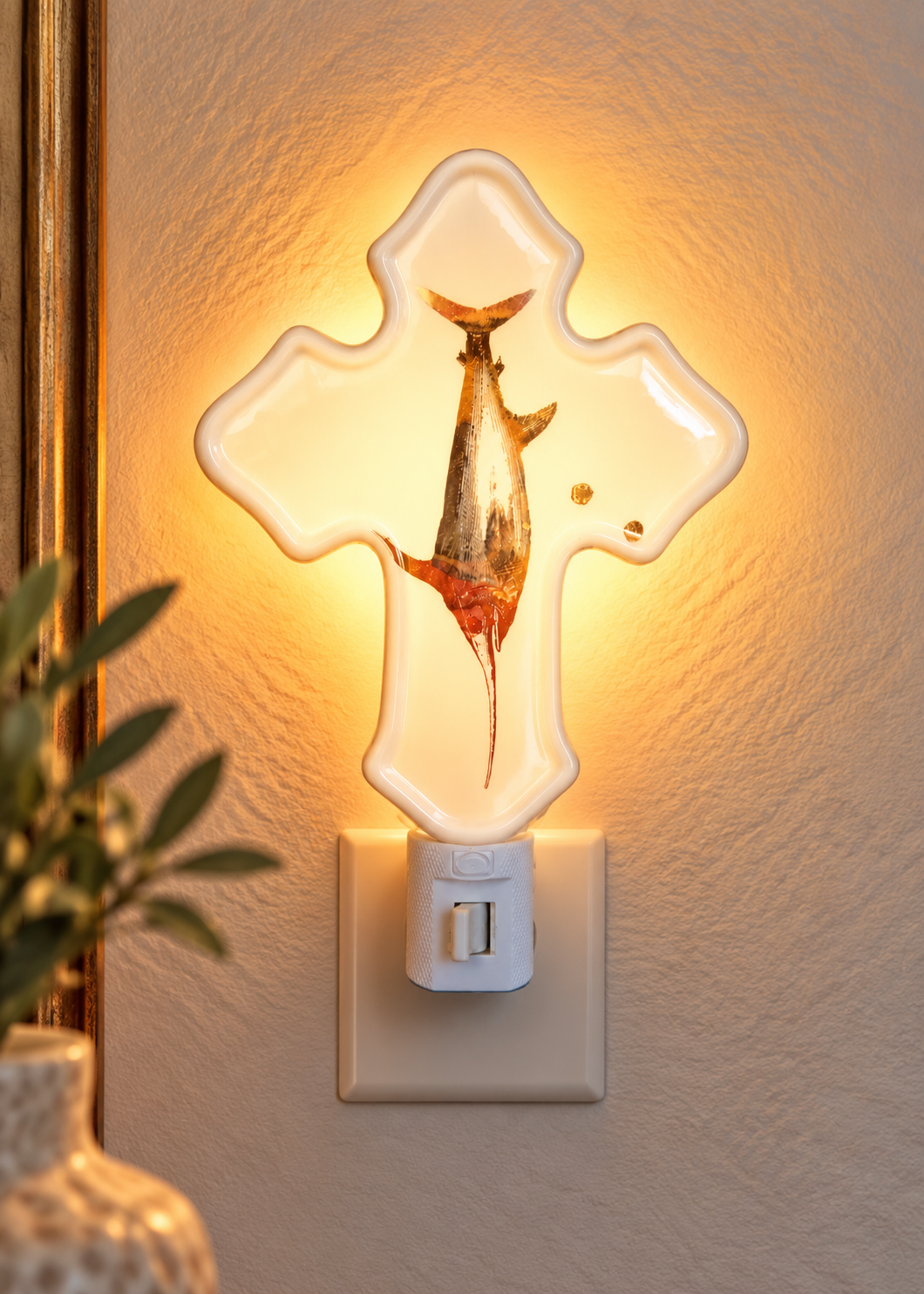 Hand-Painted Coastal Spearfish Porcelain Cross Night Light