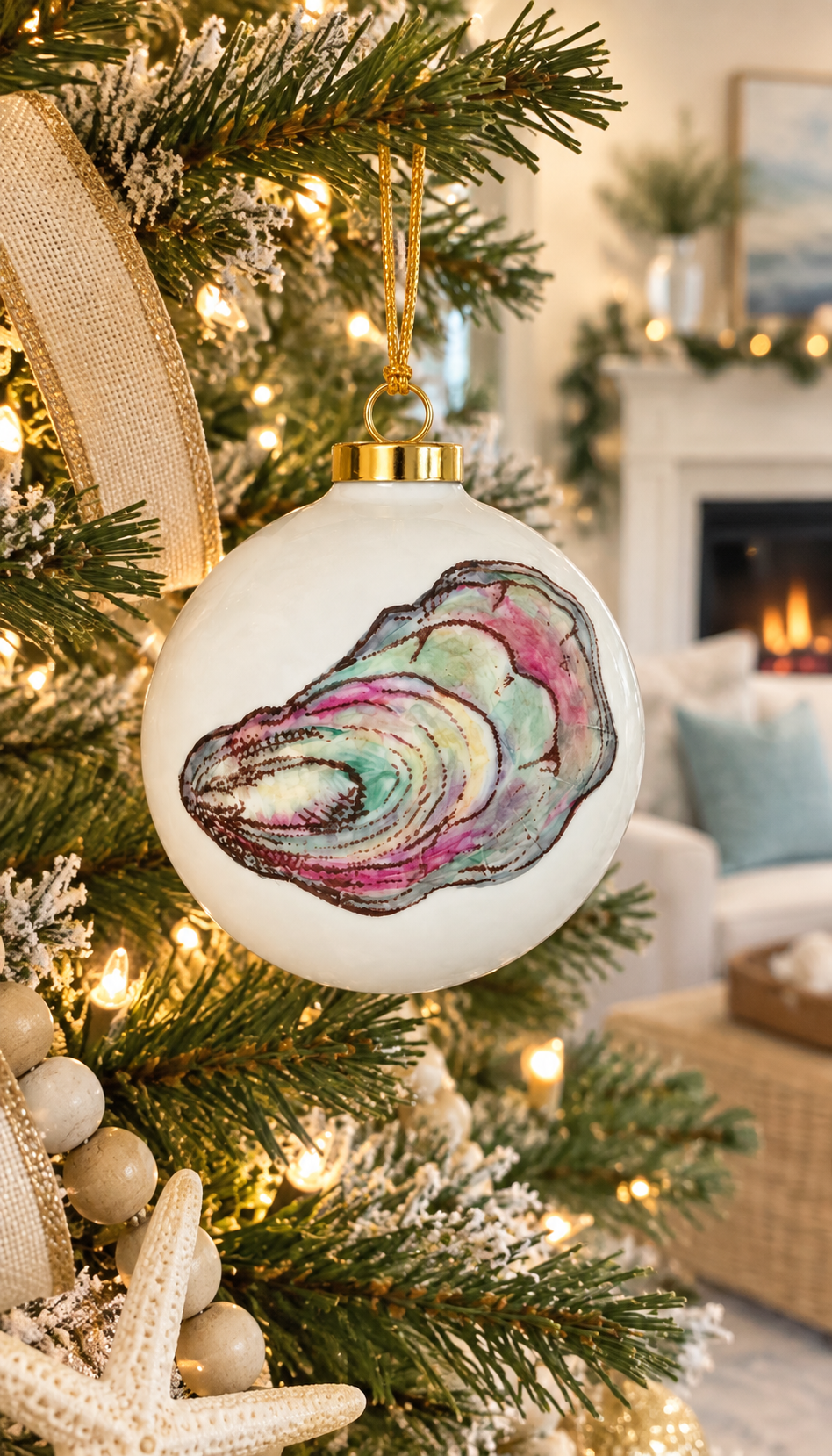 Hand-Painted Coastal Oyster Shell Christmas Ornament