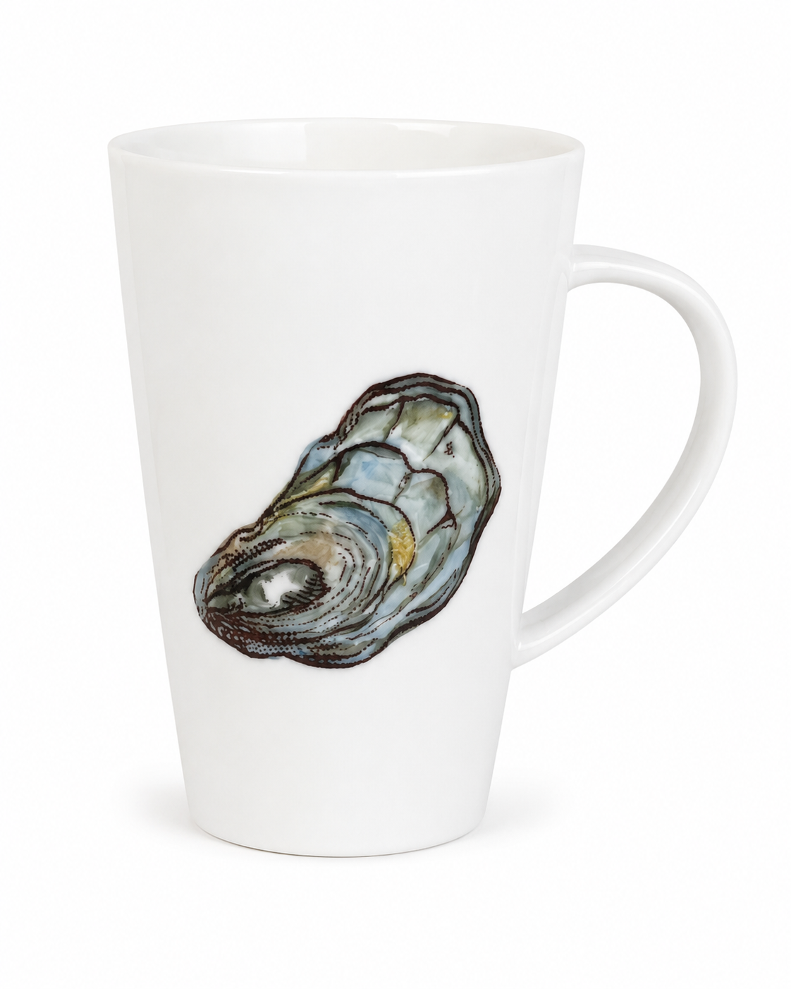 Hand-Painted Coastal Oyster Shell Porcelain Latte Coffee Mug | Elegant Kitchen Coffee Bar