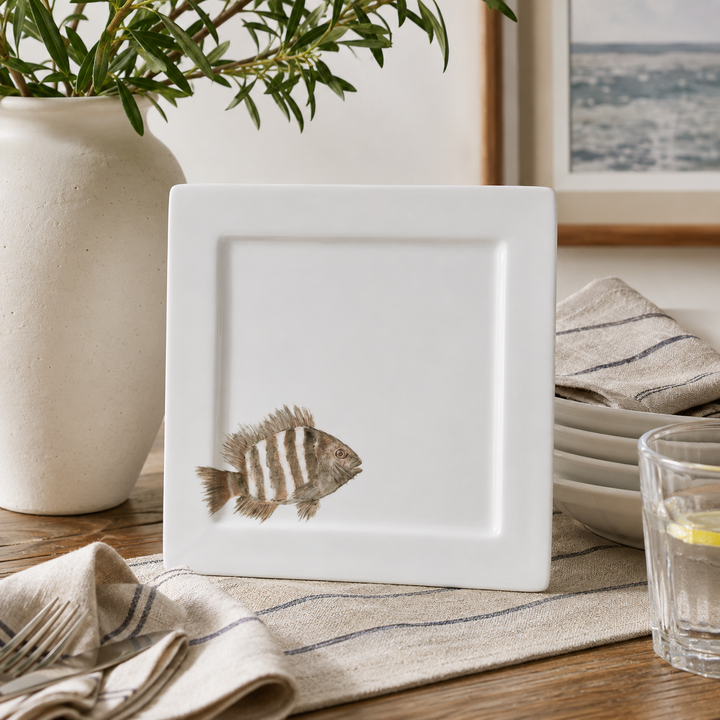 Hand-Painted Coastal Fish Porcelain Square Plate
