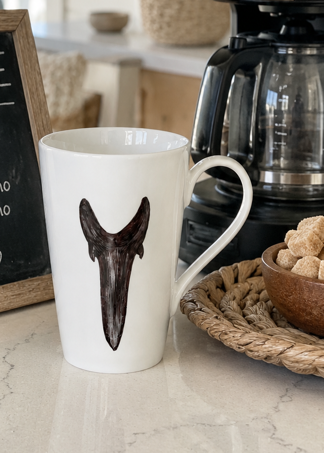 Hand-Painted Coastal Shark Tooth Porcelain Coffee Mug