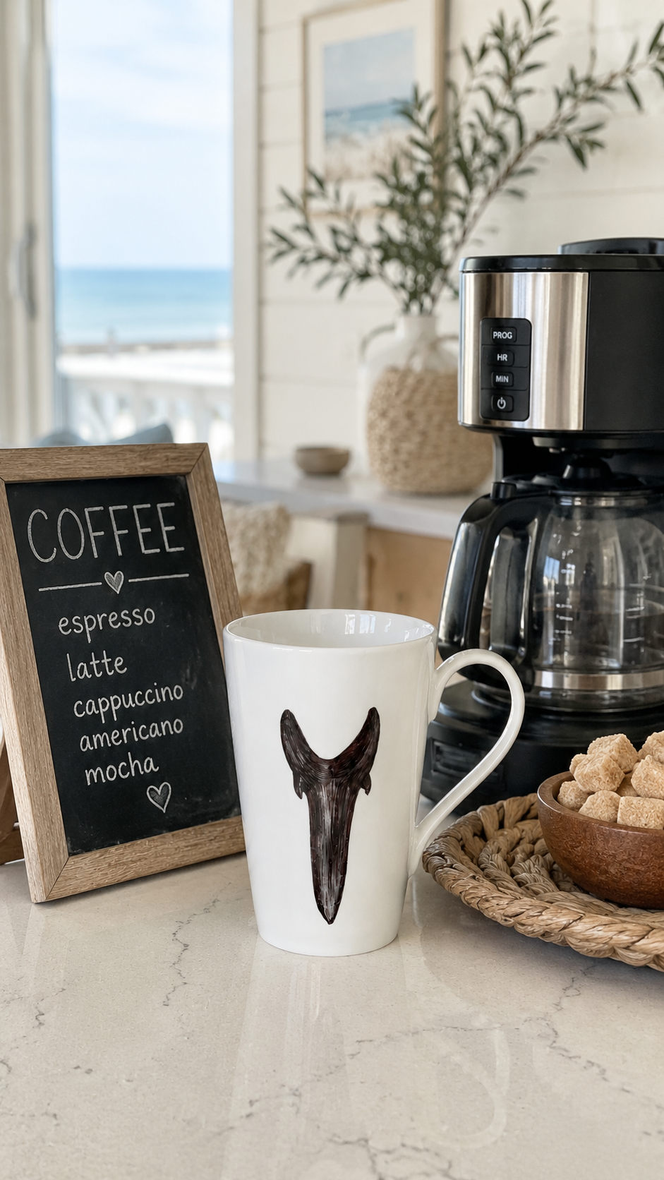 Hand-Painted Porcelain Coffee Mug – Rustic Coastal Coffee Cup | Made by Mona H