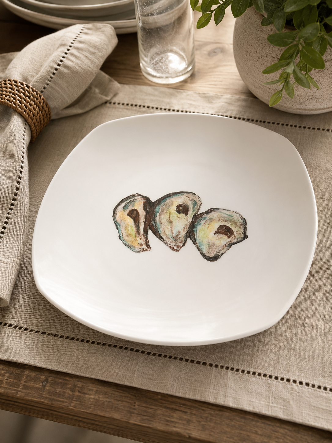 Hand-Painted Oyster Porcelain Serving Bowl | Coastal Elegance Tabletop Décor