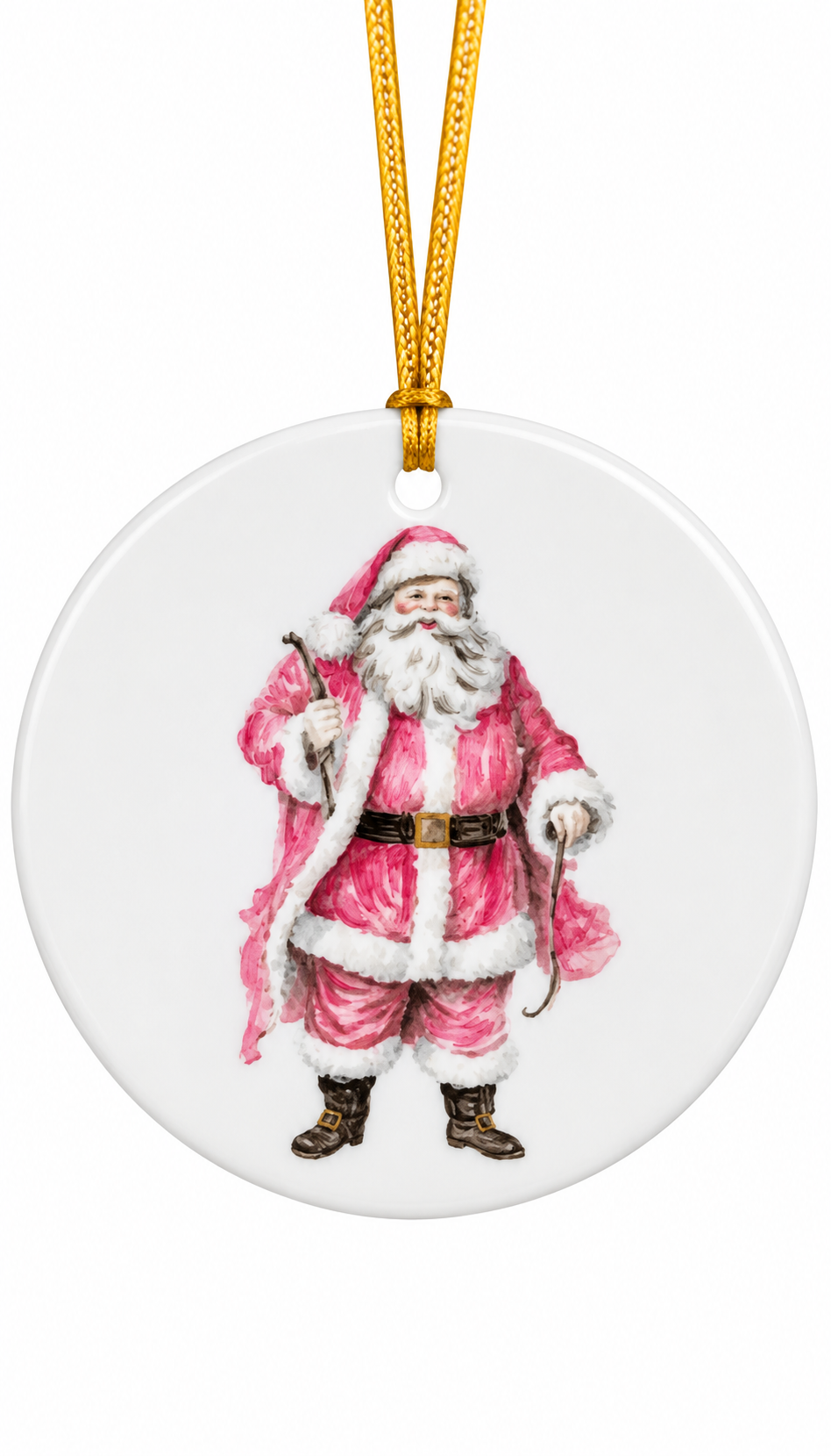 Hand-Painted Pink Santa Porcelain Christmas Ornament