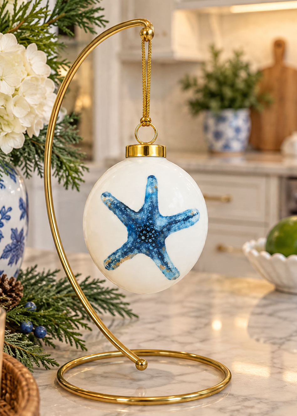 Hand-Painted Blue Starfish Porcelain Christmas Ornament