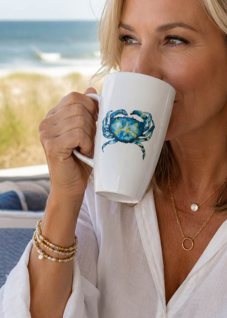Coastal Hand Painted Porcelain Blue Crab Coastal Latte Mug