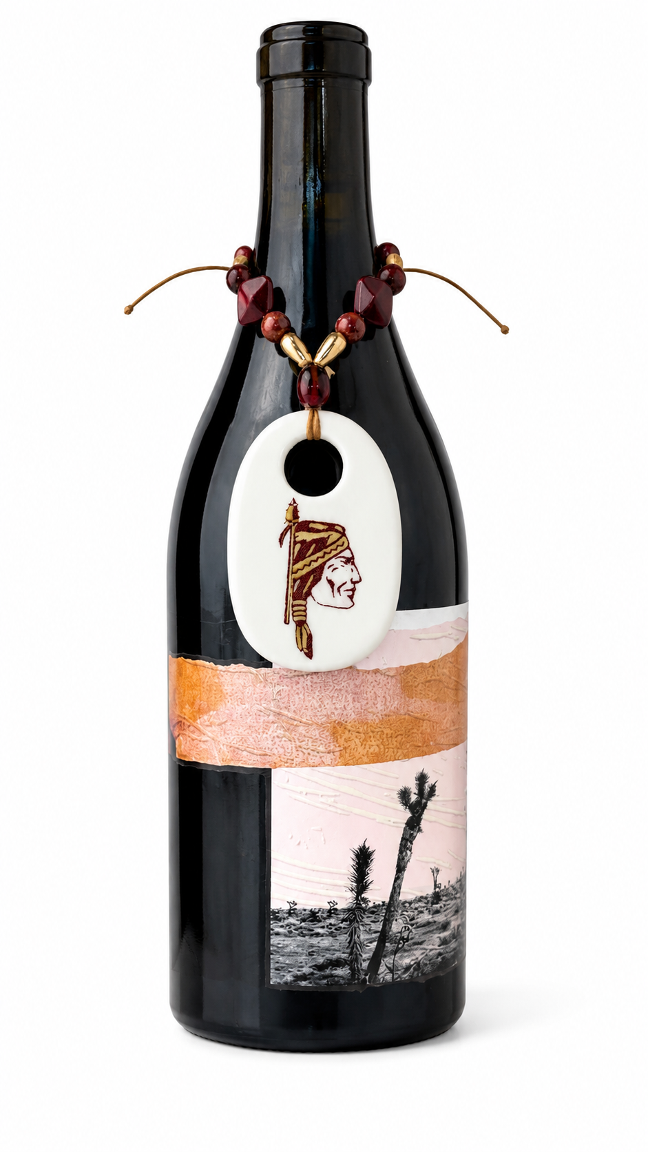 Hand-Painted Garnet & Gold Porcelain Seminole Bottle Tag