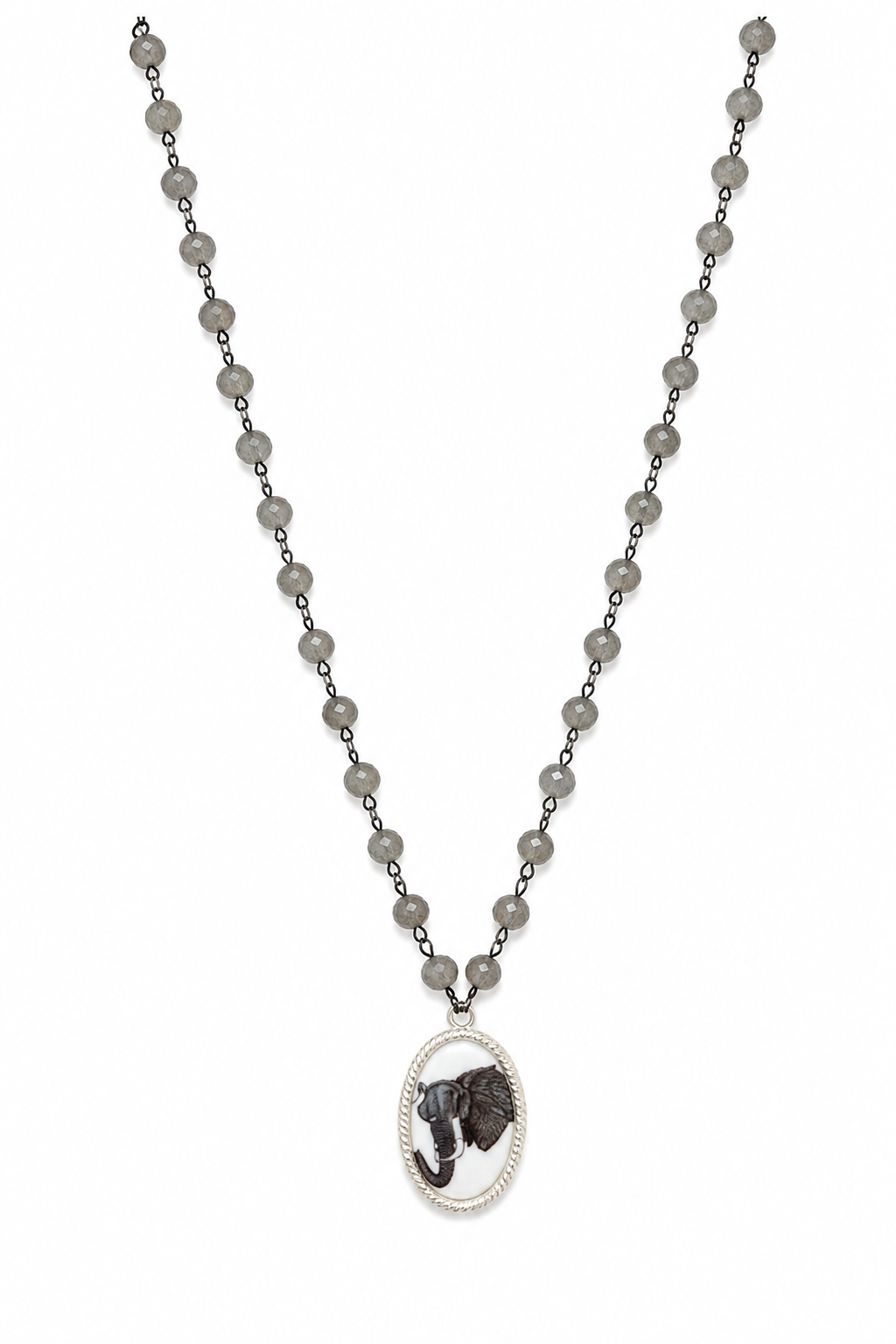 Hand-Painted Elephant Porcelain Pendant Necklace | Gray Beaded Statement Necklace
