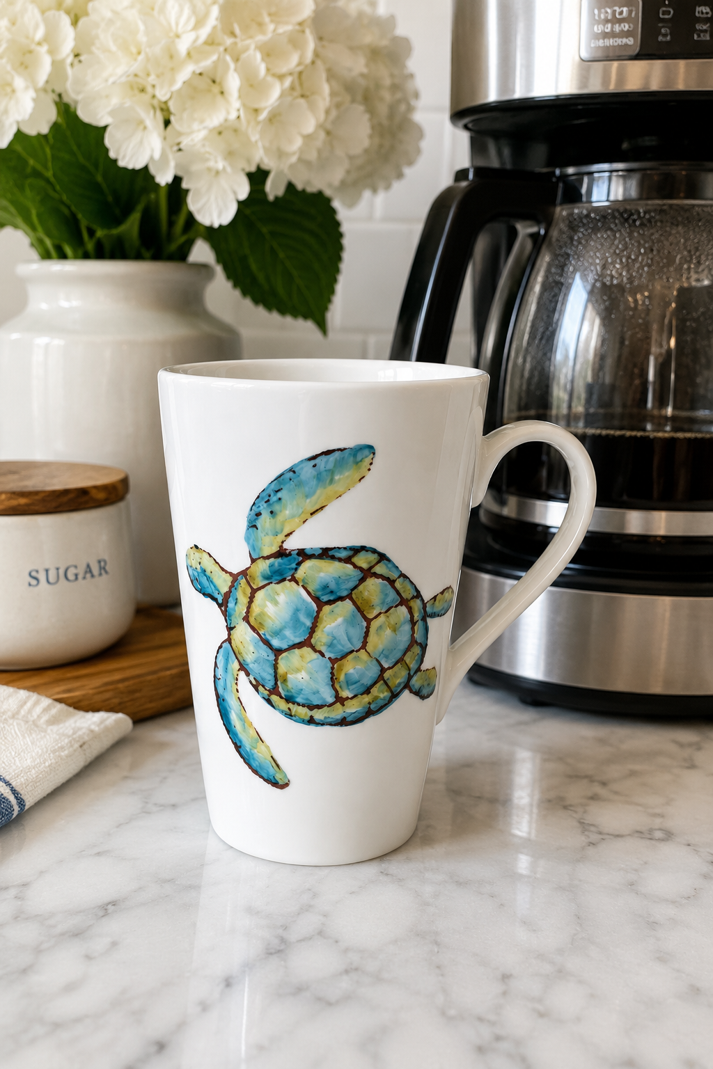 Hand-Painted Sea Turtle Porcelain Latte Mug | Coastal Coffee Cup