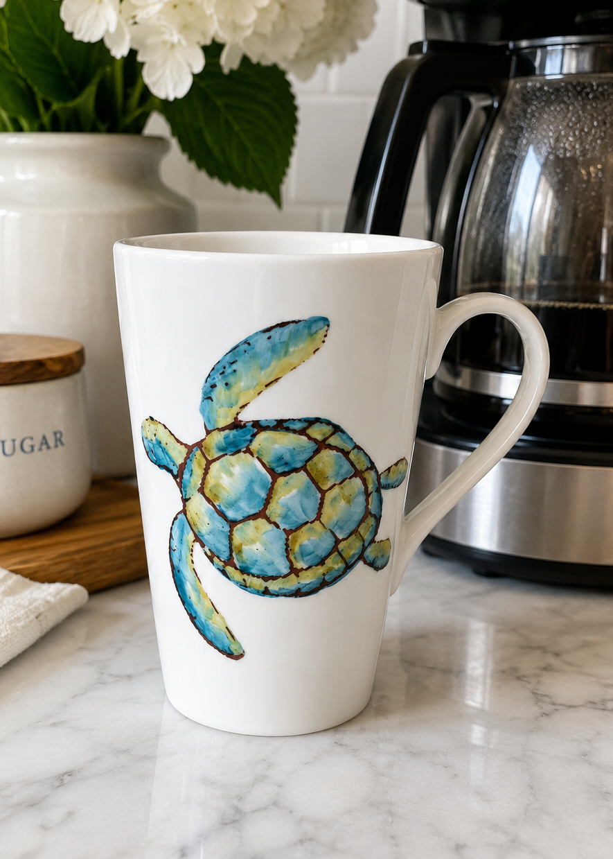 Hand-Painted Sea Turtle Porcelain Latte Mug | Coastal Coffee Cup