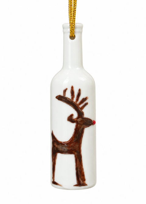 Hand-Painted Rudolph Reindeer Porcelain Bottle Ornament