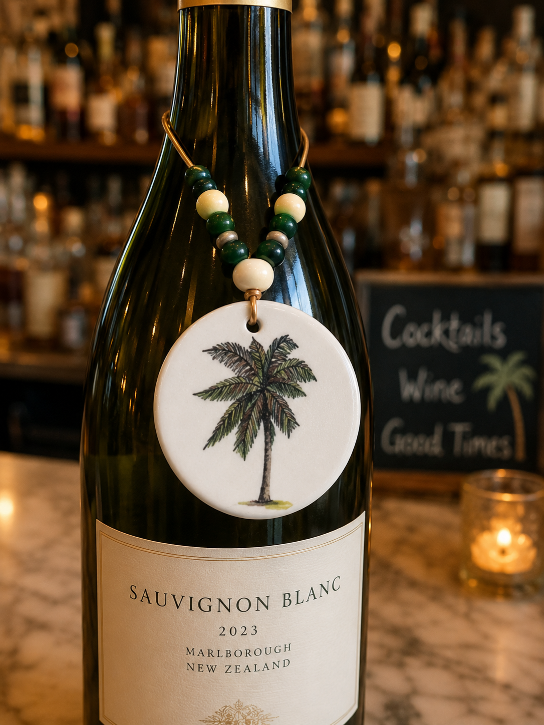 Palm Tree Porcelain Beverage Tag on Wine Bottle – Coastal Bar Charm by MadebyMonaH