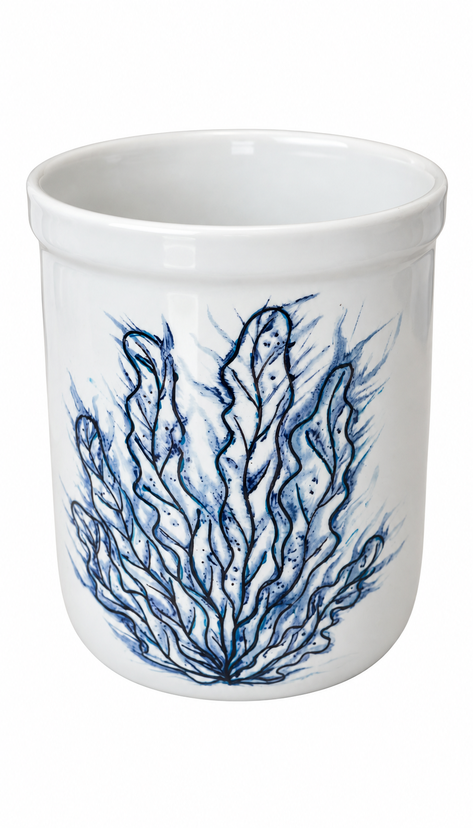 Hand-Painted Blue Coral Porcelain Utensil Crock