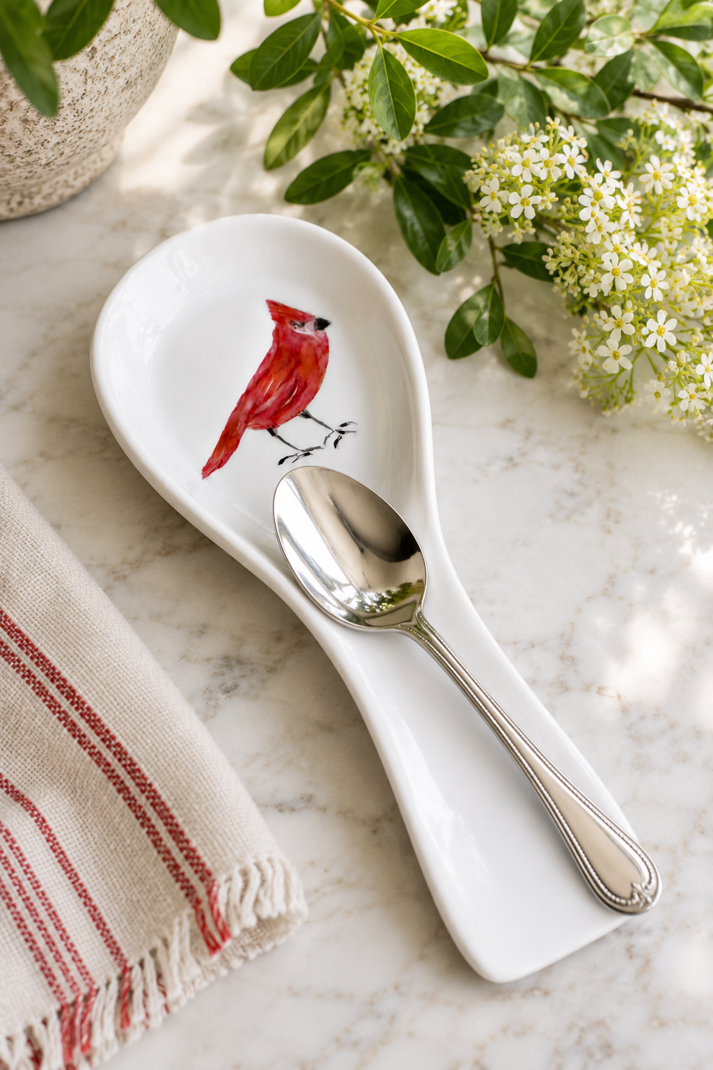 Cardinal Porcelain Spoon Rest – Hand-Painted Nature-Inspired Kitchen Accent