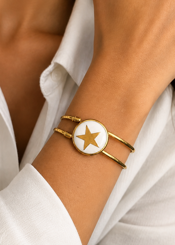 Gold Star Porcelain Bezel Adjustable Cuff Bracelet