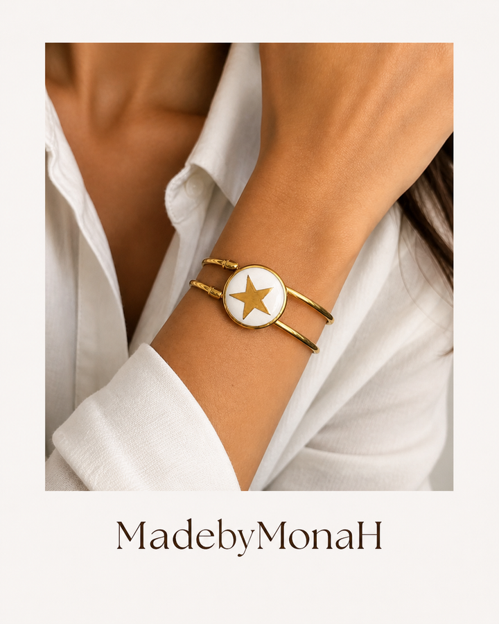 Gold Star Porcelain Bezel Adjustable Cuff Bracelet