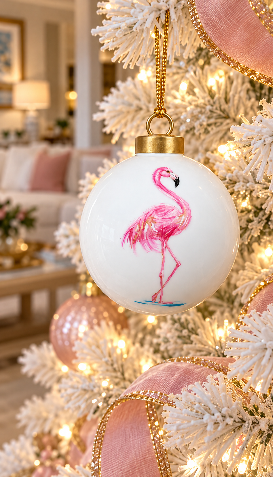 Hand-Painted Pink Flamingo Porcelain Christmas Ornament