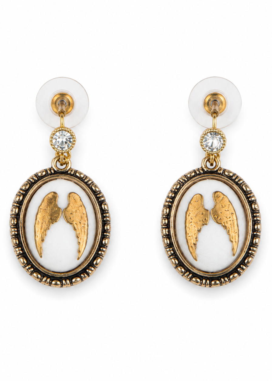 Hand-Painted Angel Wing Porcelain Drop Earrings | Faith-Inspired Gold Earrings | Elegant Christian Jewelry