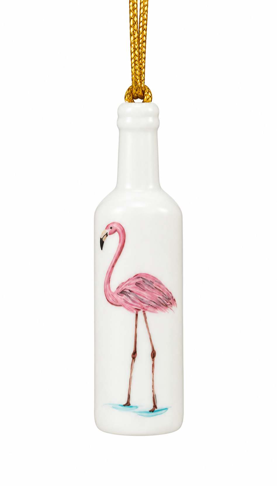 White Porcelain 3.25" Wine Bottle Ornament with a hand-painted Flamingo