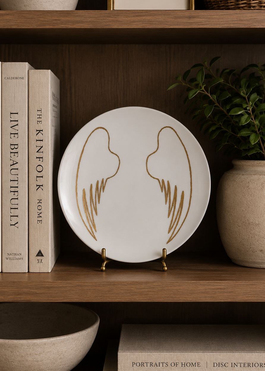 Hand-Painted Angel Wings Decorative Porcelain Plate – Elegant Shelf Décor