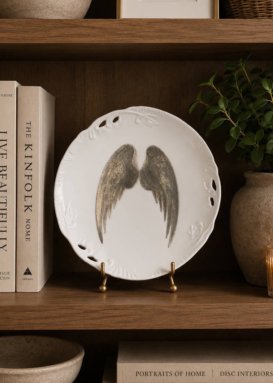 Hand-Painted Platinum Angel Wings Porcelain Decorative Plate – Elegant Shelf Décor