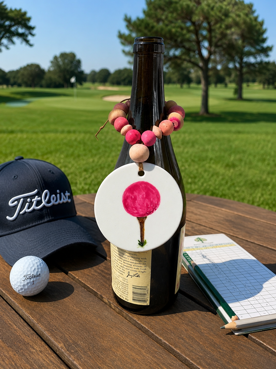 Pink Golf Ball Wine Bottle Beverage Tag – Hand Painted Porcelain Golf Gift by MadebyMonaH
