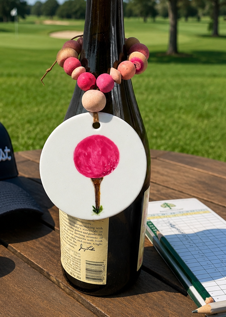 Pink Golf Ball Wine Bottle Beverage Tag – Hand Painted Porcelain Golf Gift by MadebyMonaH
