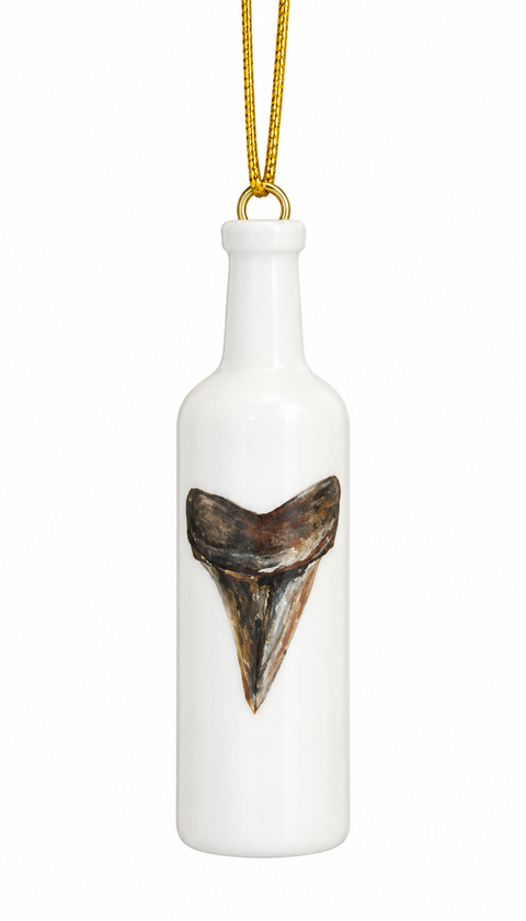 White porcelain bottle ornament hand-painted with a fossil shark tooth and gold hanging cord