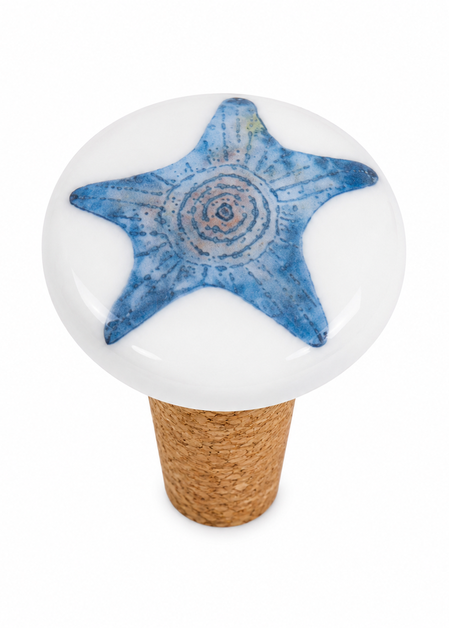 Blue Starfish Porcelain Wine Stopper | Coastal Bottle Stopper | Beach House Gift